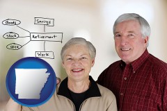 arkansas map icon and a retired couple reviewing their investments