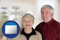colorado map icon and a retired couple reviewing their investments