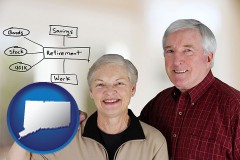 connecticut map icon and a retired couple reviewing their investments