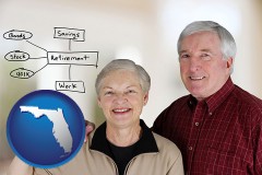 florida map icon and a retired couple reviewing their investments