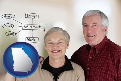 georgia map icon and a retired couple reviewing their investments