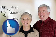 idaho map icon and a retired couple reviewing their investments