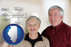 illinois map icon and a retired couple reviewing their investments