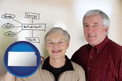 kansas map icon and a retired couple reviewing their investments