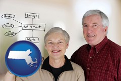 massachusetts map icon and a retired couple reviewing their investments