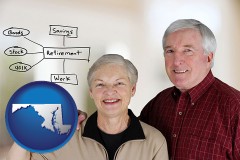 maryland map icon and a retired couple reviewing their investments