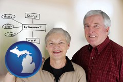 michigan map icon and a retired couple reviewing their investments