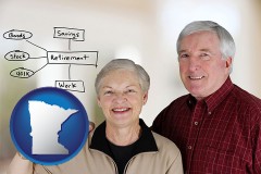 minnesota map icon and a retired couple reviewing their investments