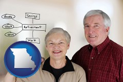 missouri map icon and a retired couple reviewing their investments