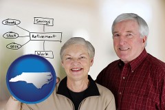 north-carolina map icon and a retired couple reviewing their investments