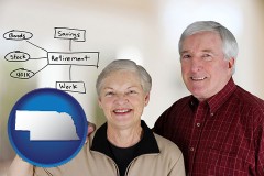 nebraska map icon and a retired couple reviewing their investments
