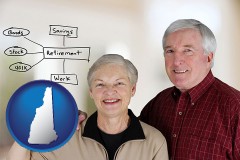 new-hampshire map icon and a retired couple reviewing their investments