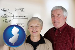 new-jersey map icon and a retired couple reviewing their investments