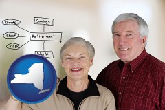 new-york map icon and a retired couple reviewing their investments