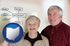 ohio map icon and a retired couple reviewing their investments