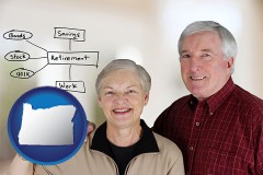 oregon map icon and a retired couple reviewing their investments