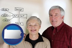 pennsylvania map icon and a retired couple reviewing their investments