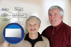 south-dakota map icon and a retired couple reviewing their investments