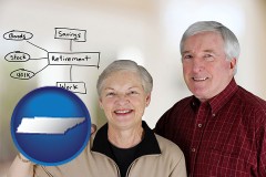 tennessee map icon and a retired couple reviewing their investments