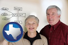texas map icon and a retired couple reviewing their investments