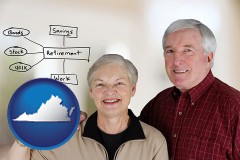 virginia map icon and a retired couple reviewing their investments