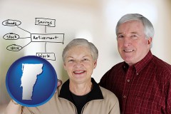vermont map icon and a retired couple reviewing their investments