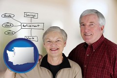 washington map icon and a retired couple reviewing their investments