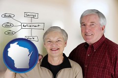 wisconsin map icon and a retired couple reviewing their investments