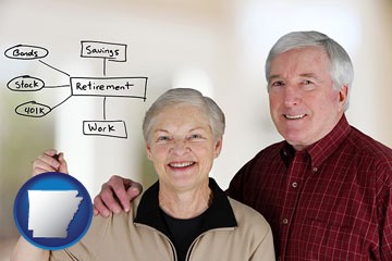 a retired couple reviewing their investments - with Arkansas icon