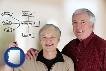 a retired couple reviewing their investments - with Arizona icon