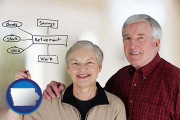 a retired couple reviewing their investments - with Iowa icon