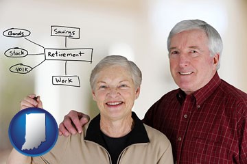 a retired couple reviewing their investments - with Indiana icon
