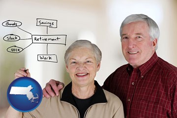 a retired couple reviewing their investments - with Massachusetts icon