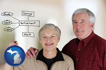 a retired couple reviewing their investments - with Michigan icon