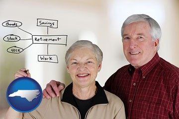 a retired couple reviewing their investments - with North Carolina icon