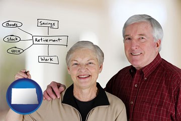 a retired couple reviewing their investments - with North Dakota icon