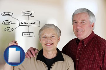 a retired couple reviewing their investments - with Utah icon