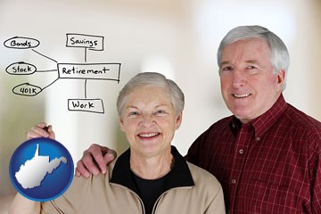 a retired couple reviewing their investments - with West Virginia icon